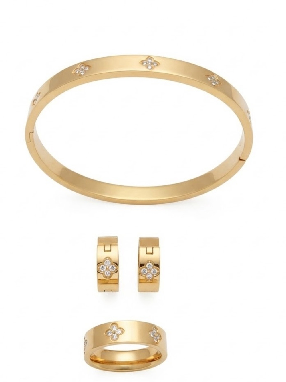 Gold Tone Floral CZ Bracelet, Earrings & Ring Set